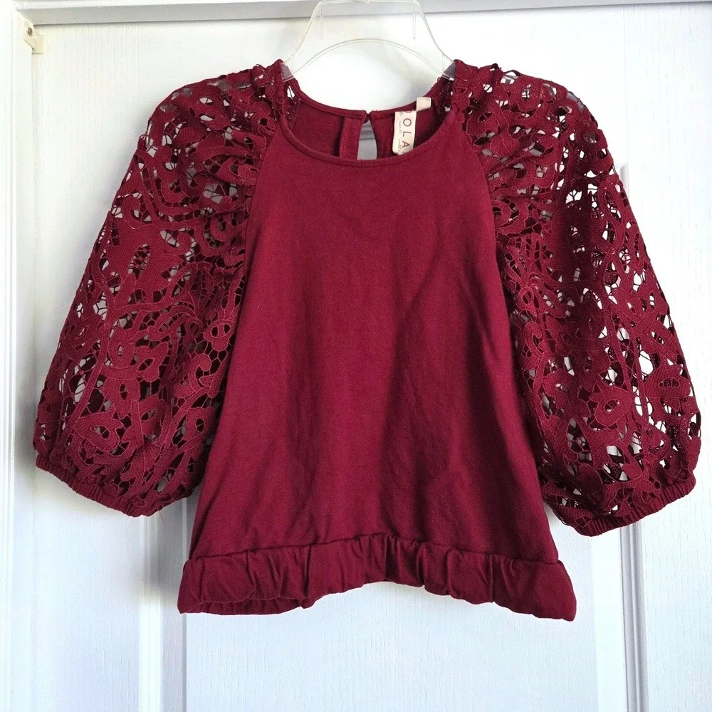 Dolan‎ Left Coast Anthropologie Lace Sleeve Top Burgundy Red Knit Blouse Sz S
